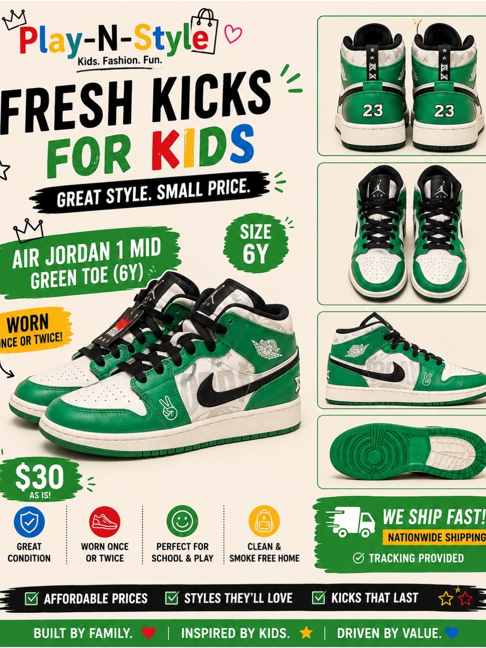 Jordan Air Jordan 1 Mid Kids Green White Black (Size 6Y)